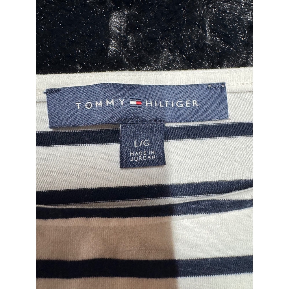 Tommy Hilfiger Womens Large Striped Boat Neck Top 3/4 Sleeve Gold Buttons Navy - Picture 5 of 5